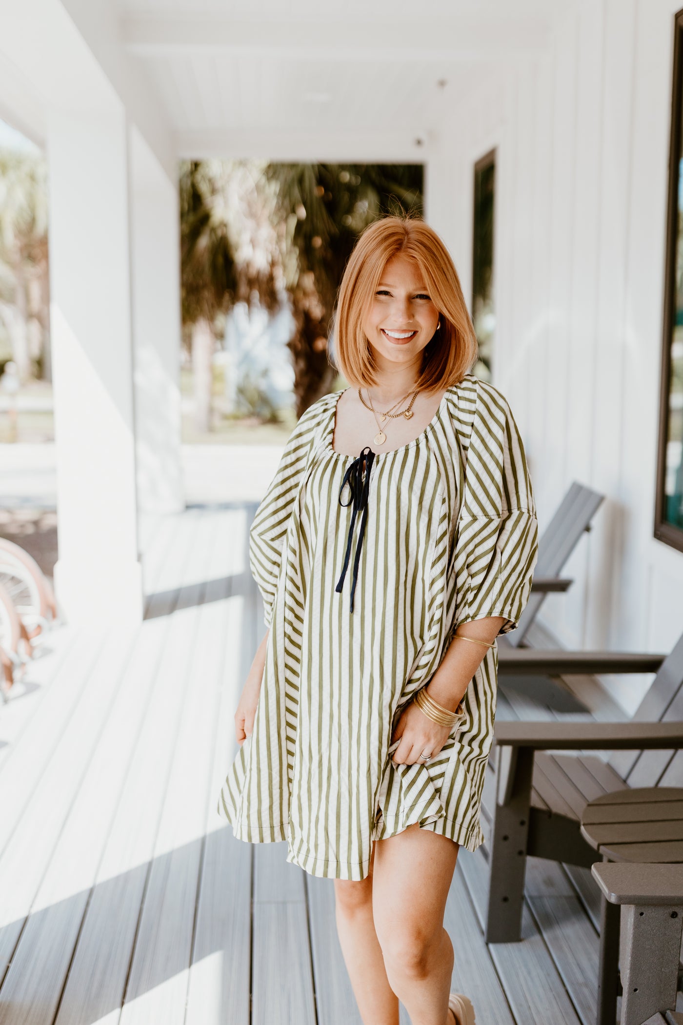 Olive Striped Half Sleeve Tie Detail Dress