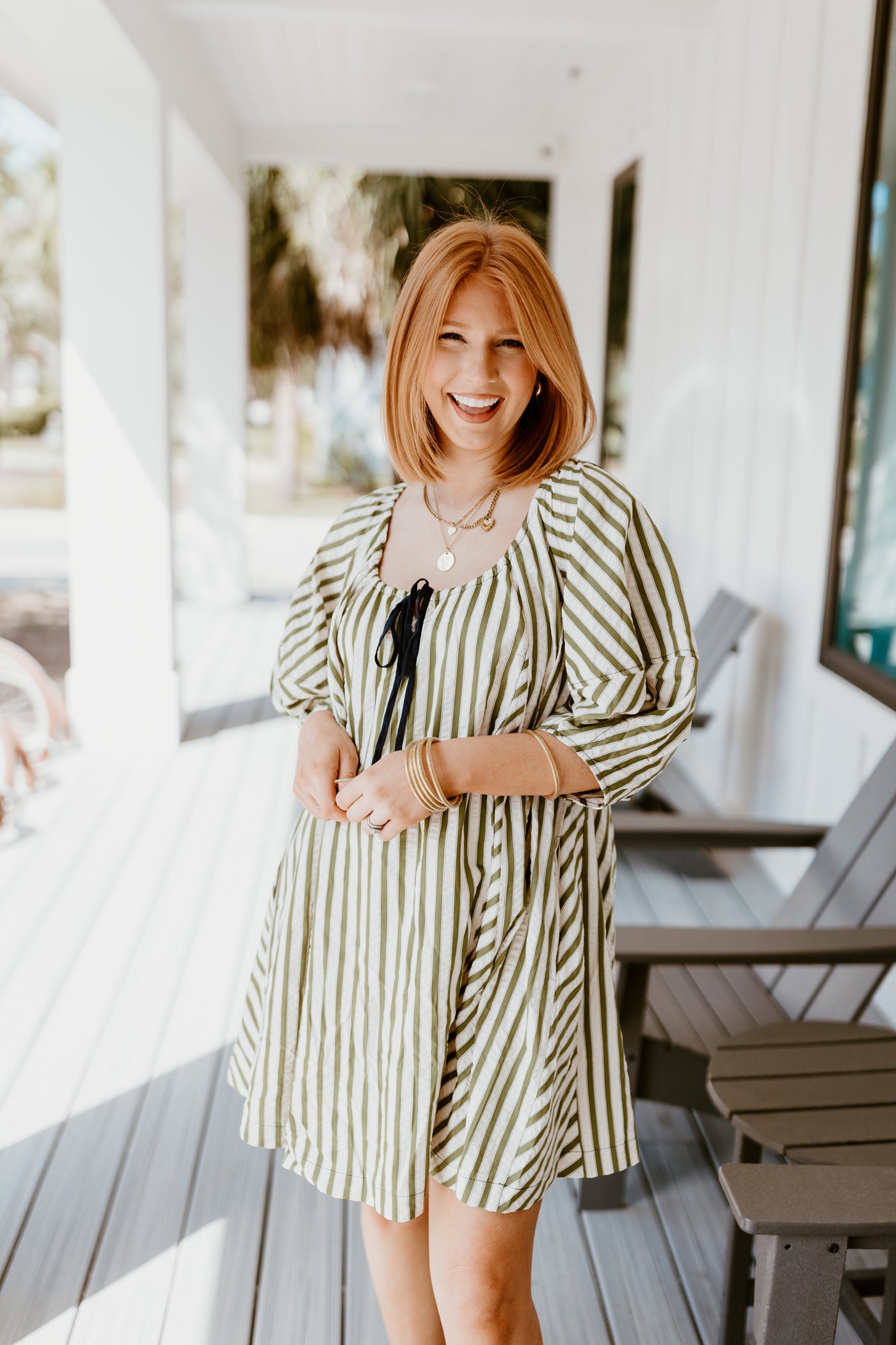 Olive Striped Half Sleeve Tie Detail Dress