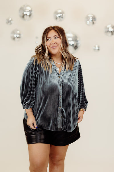 Gunmetal Notch Neck Velvet Button Down Top