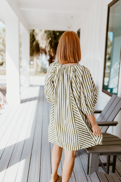 Olive Striped Half Sleeve Tie Detail Dress