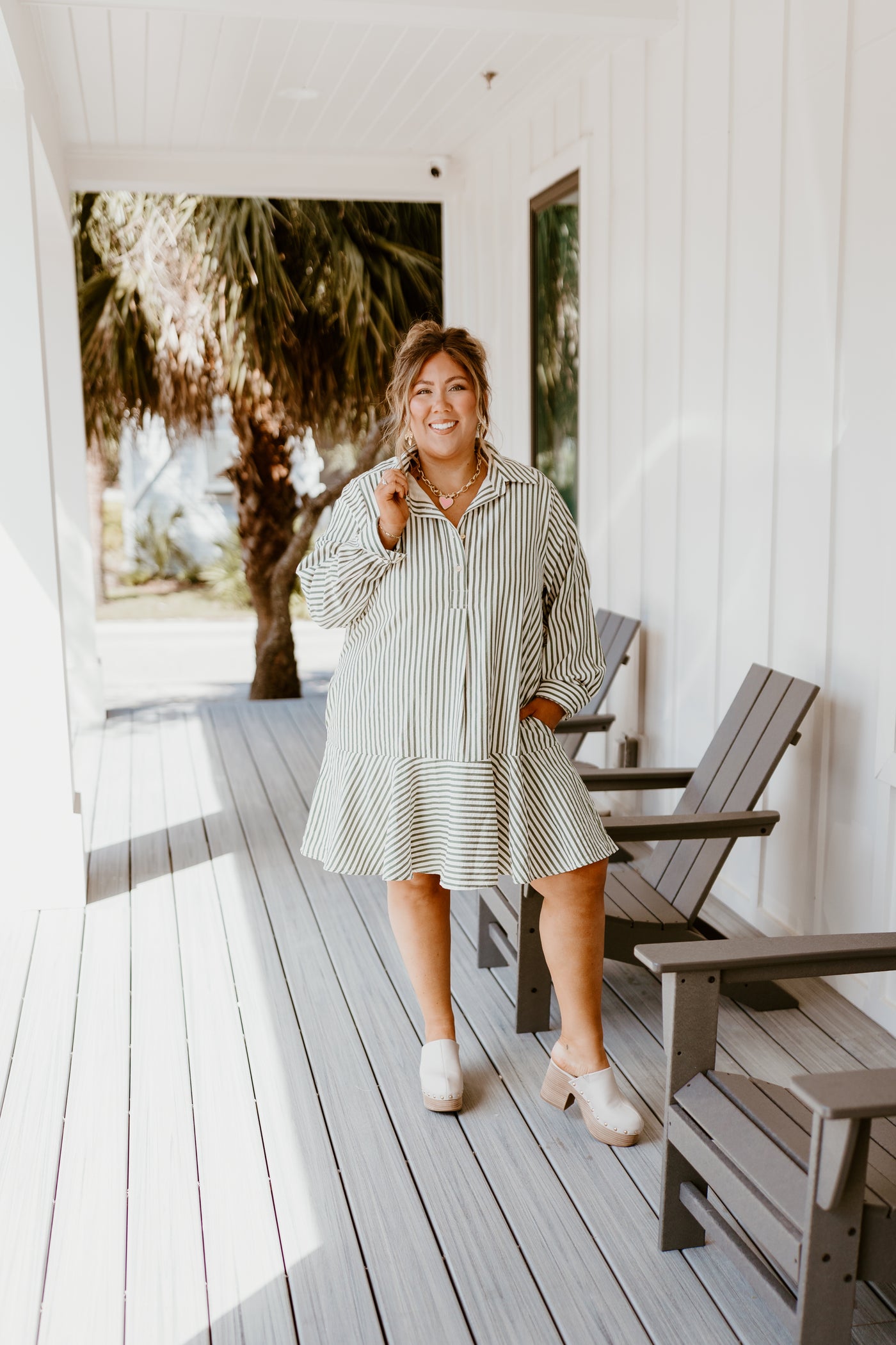 Hunter Green Striped Long Sleeve Collared Dress