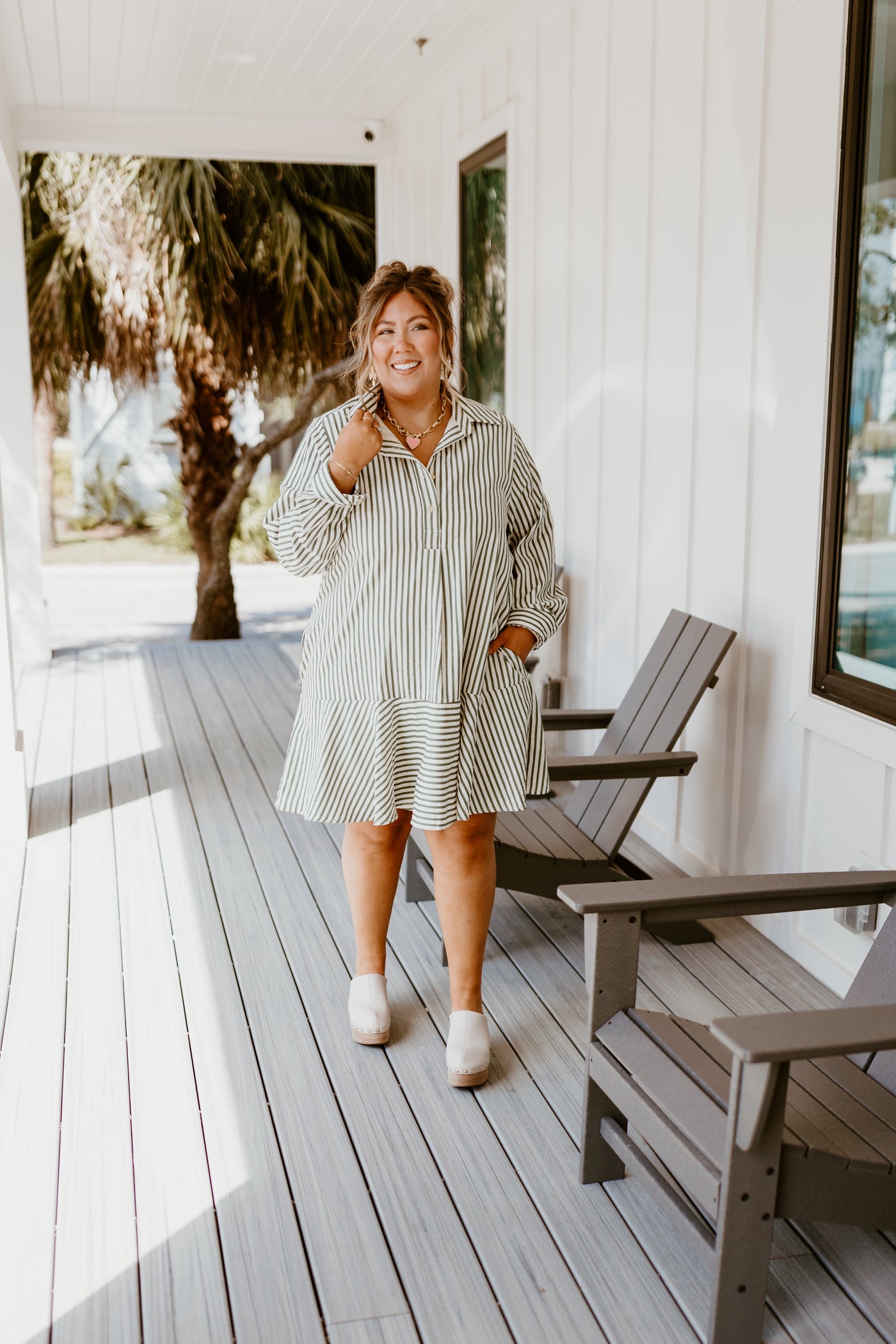 Hunter Green Striped Long Sleeve Collared Dress