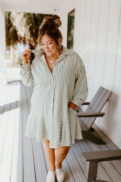 Hunter Green Striped Long Sleeve Collared Dress