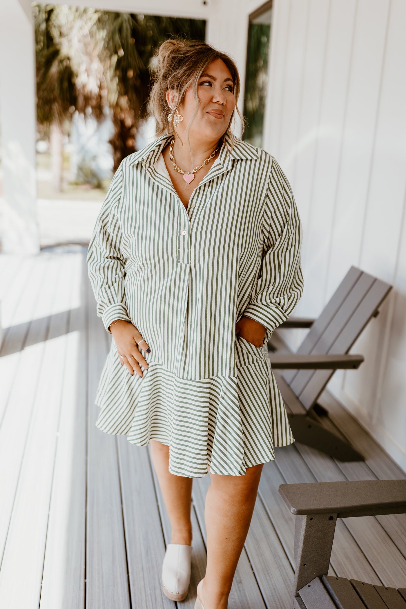 Hunter Green Striped Long Sleeve Collared Dress