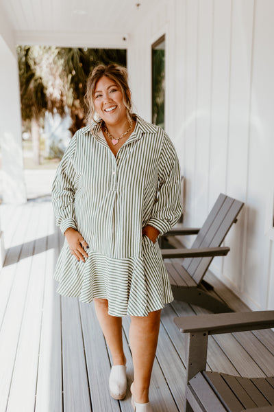 Hunter Green Striped Long Sleeve Collared Dress