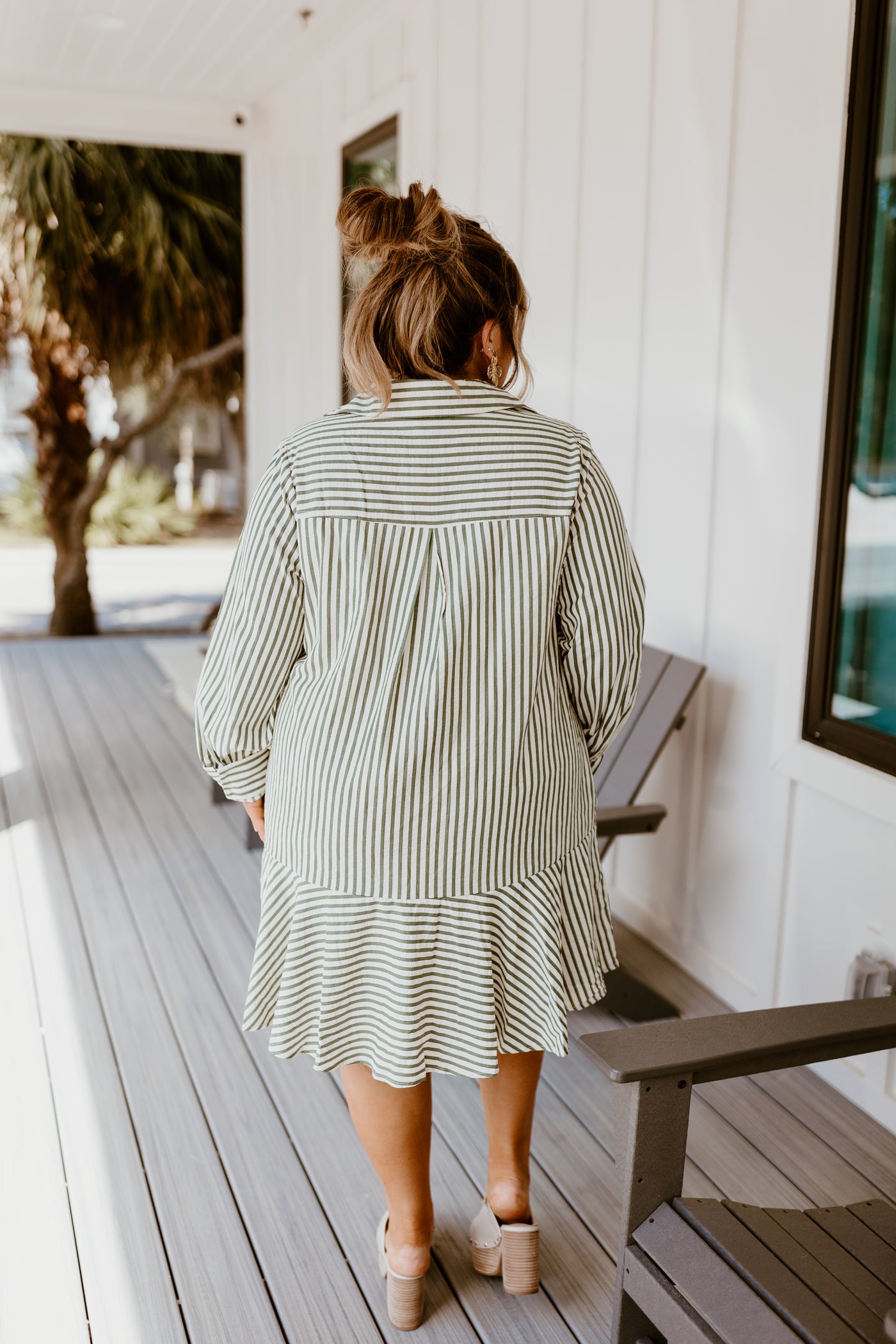 Hunter Green Striped Long Sleeve Collared Dress