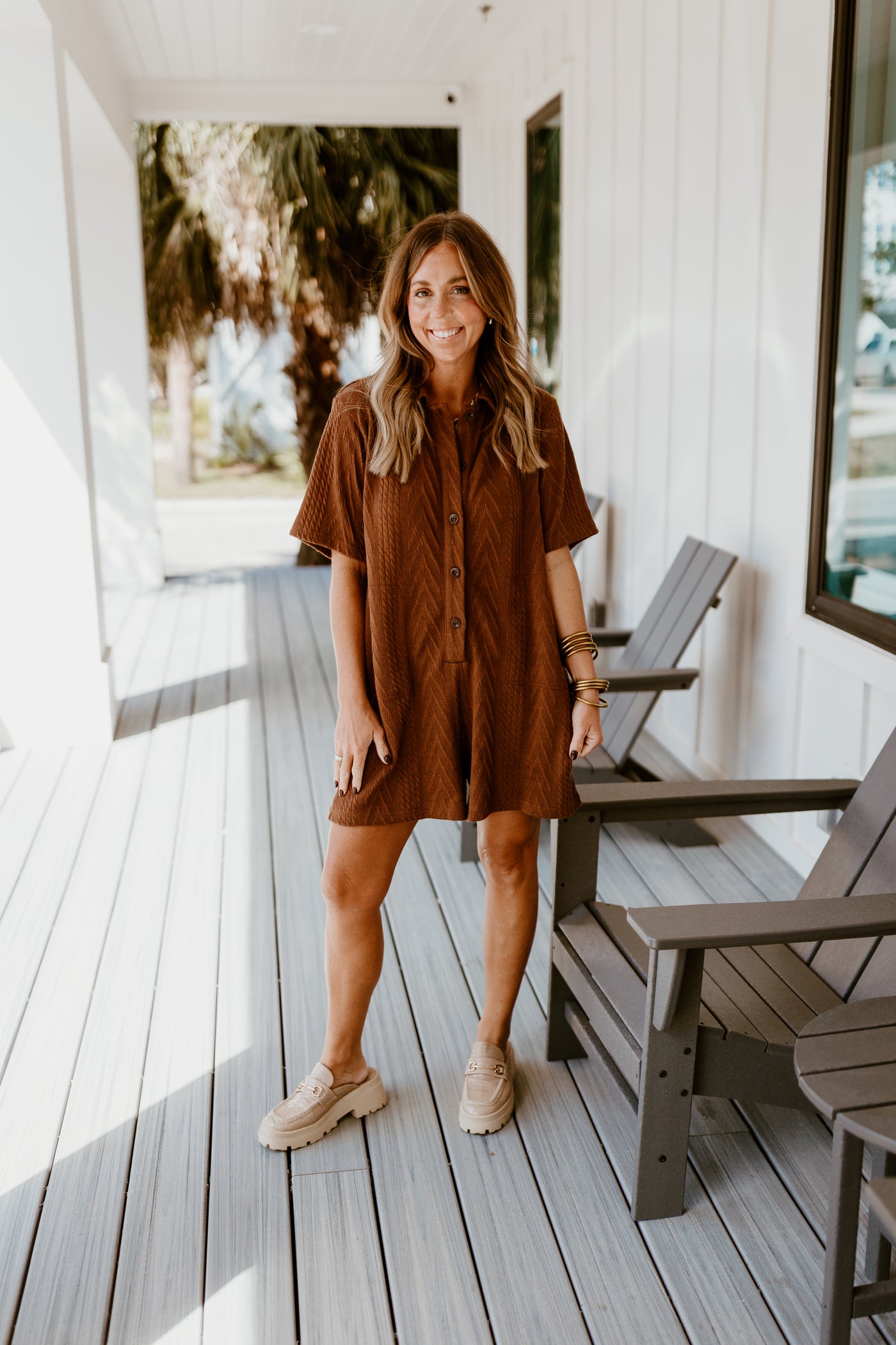 Brown Short Sleeve Button Down Romper