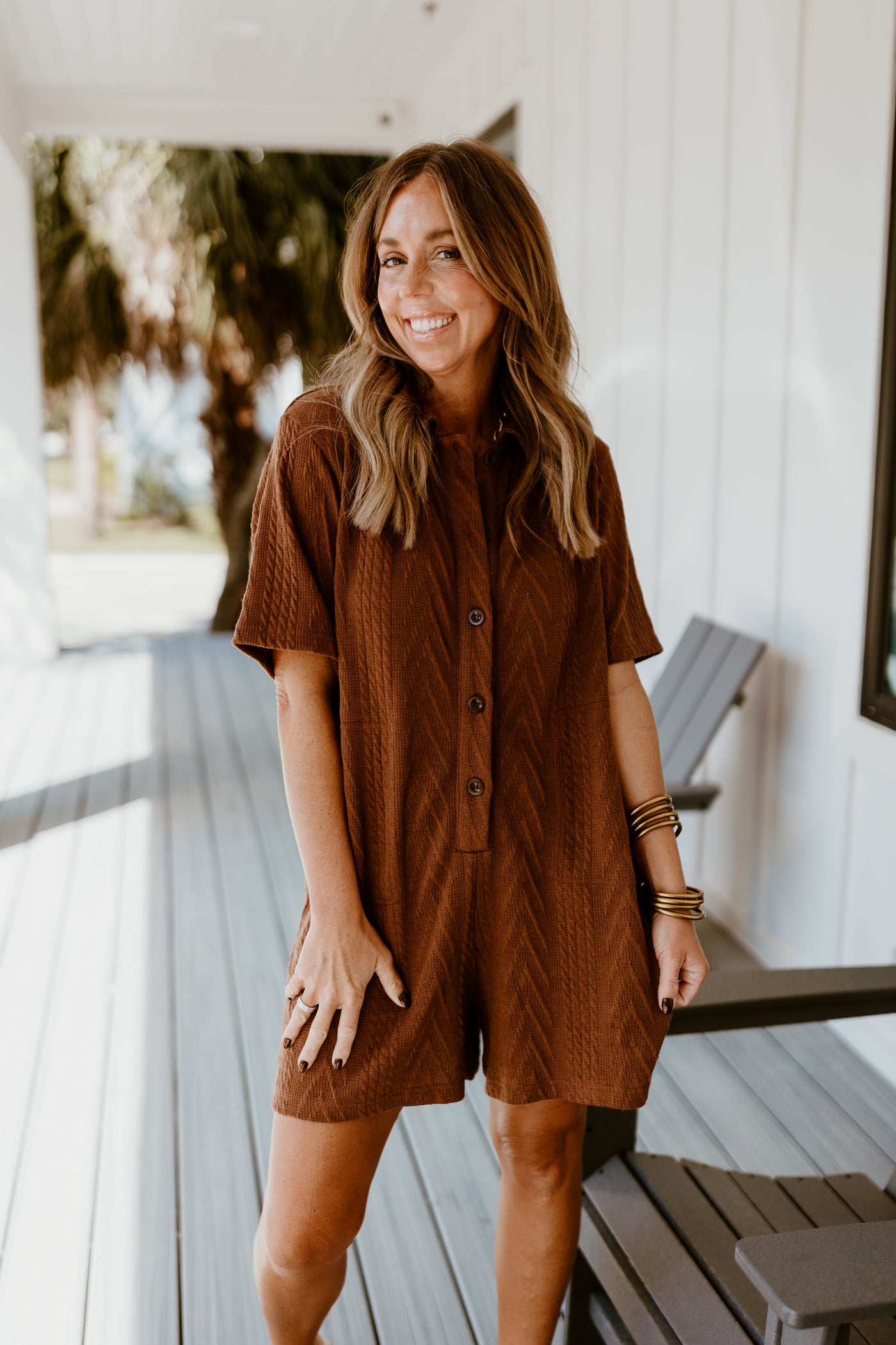 Brown Short Sleeve Button Down Romper