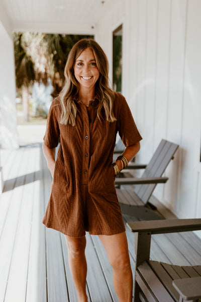 Brown Short Sleeve Button Down Romper