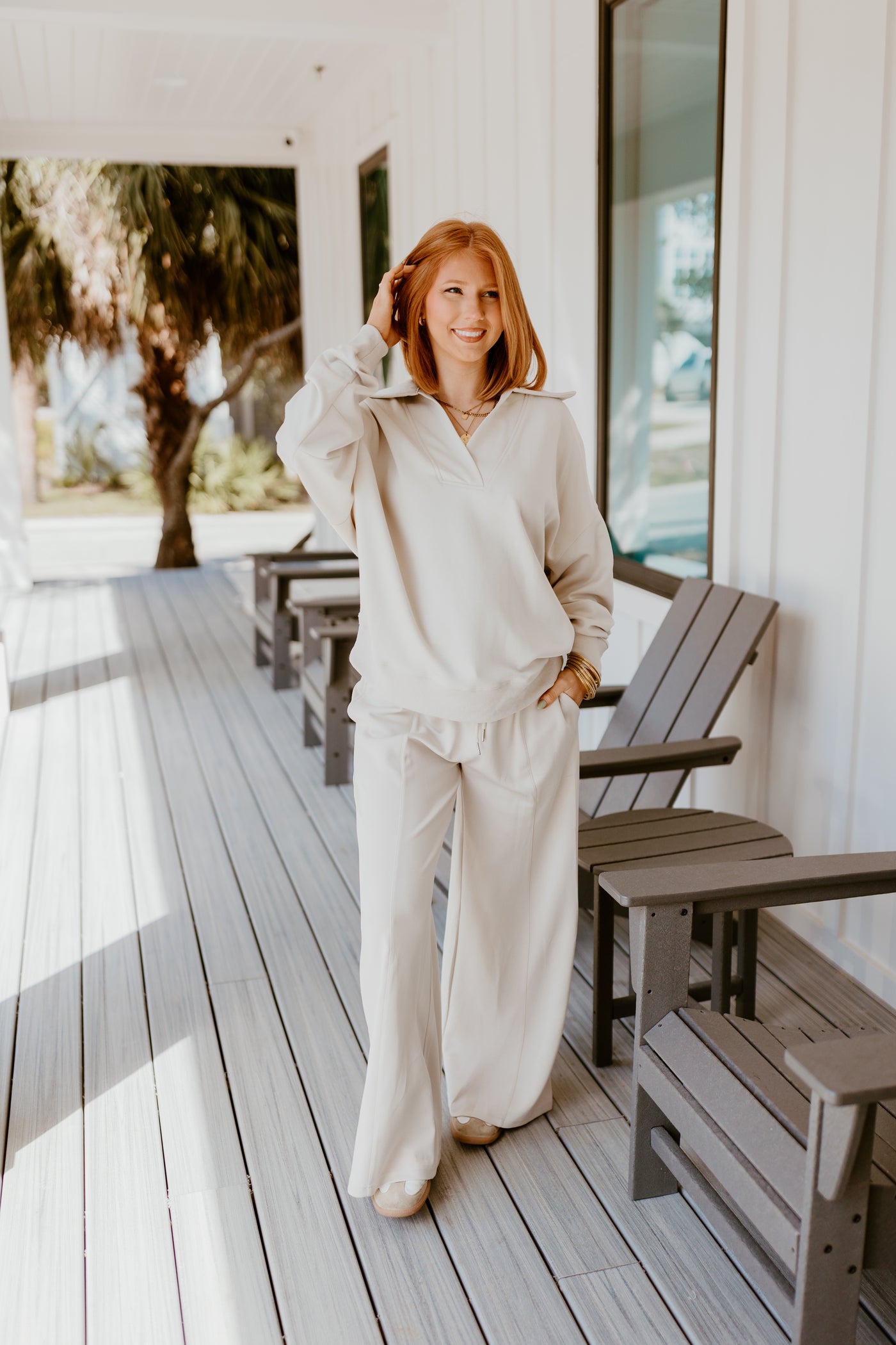 Ecru Butter Soft Notch Neck Pullover and Pant Set