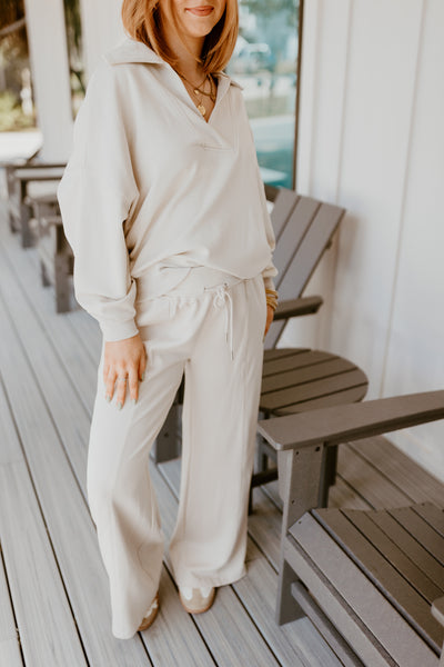 Ecru Butter Soft Notch Neck Pullover and Pant Set