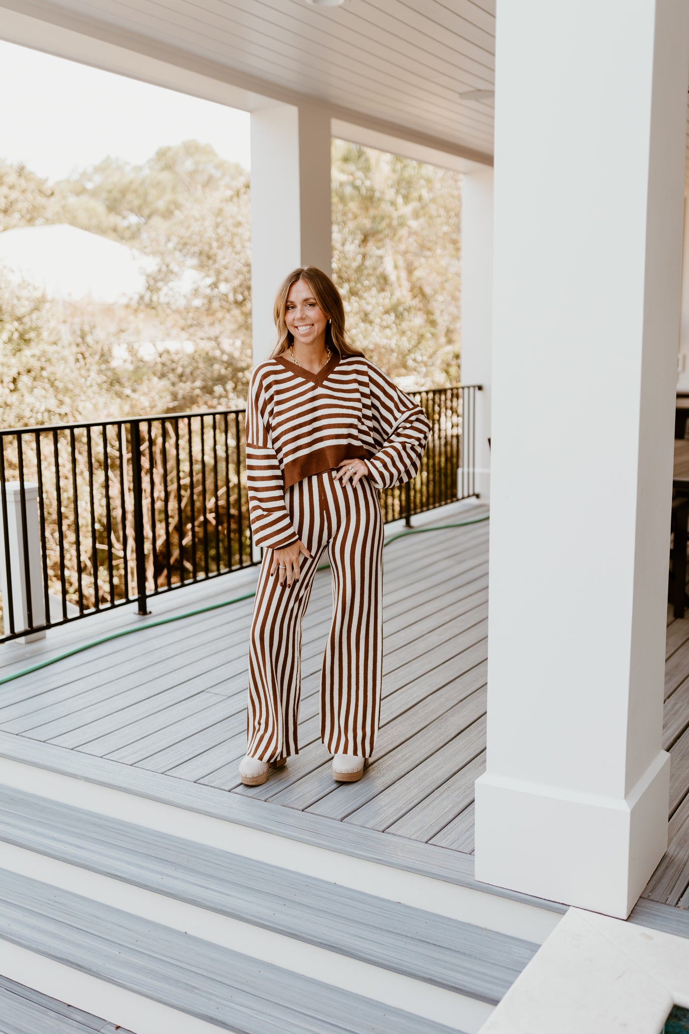 Brown Striped Cropped Sweater and Pant Set