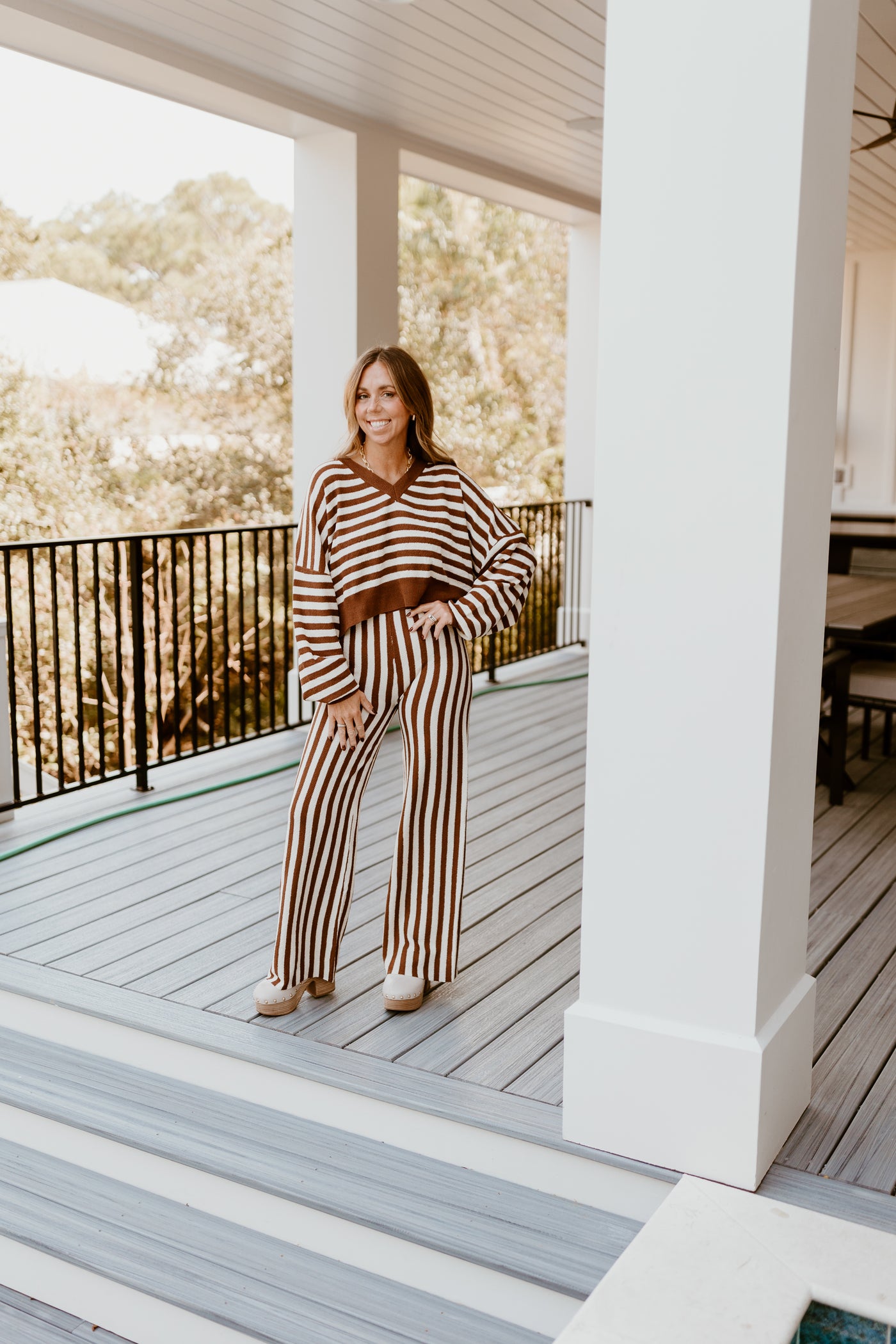 Brown Striped Cropped Sweater and Pant Set