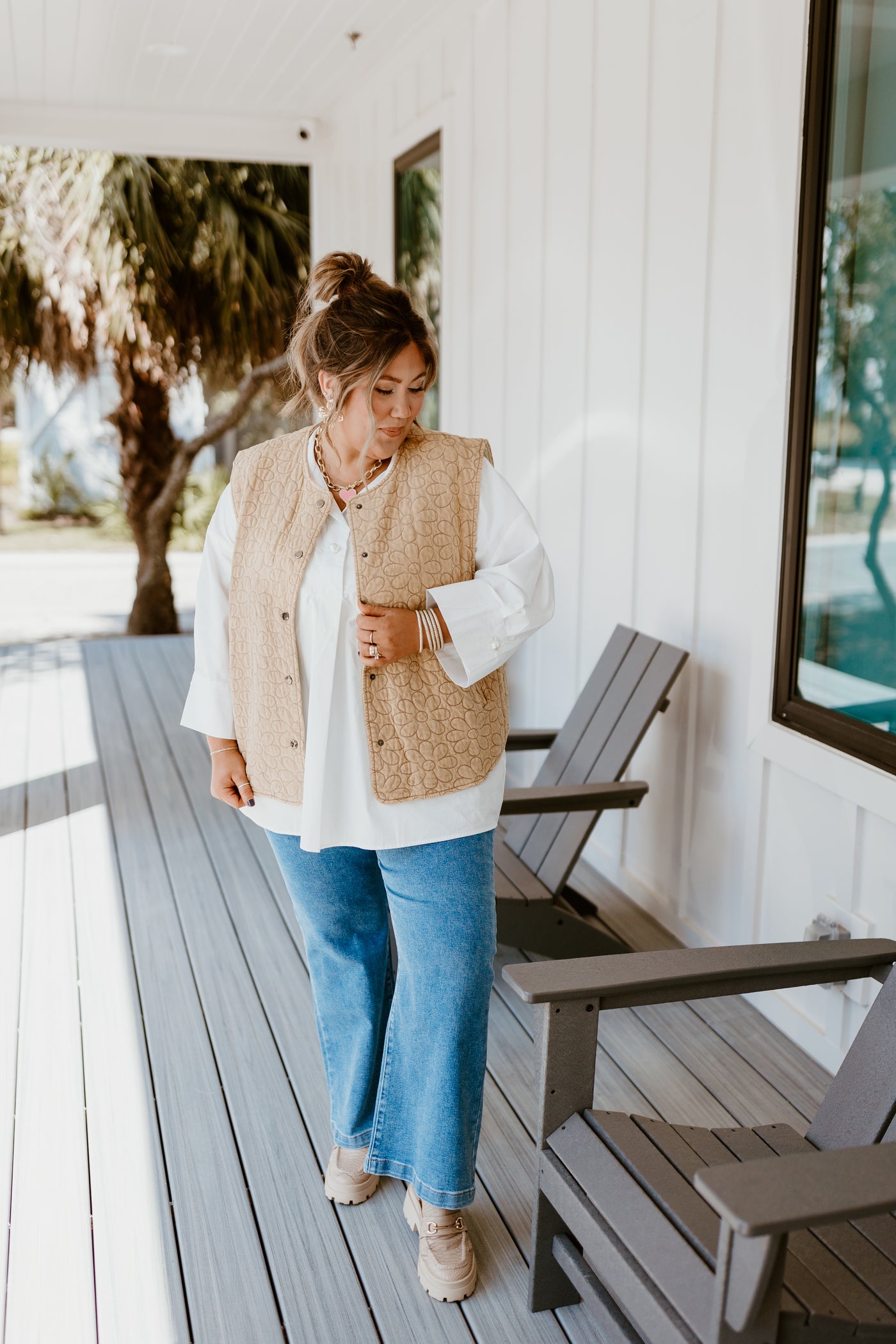 Tan Mineral Wash Floral Quilted Vest