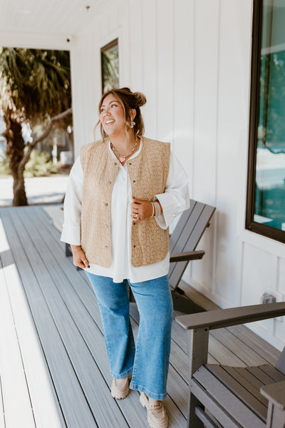 Tan Mineral Wash Floral Quilted Vest