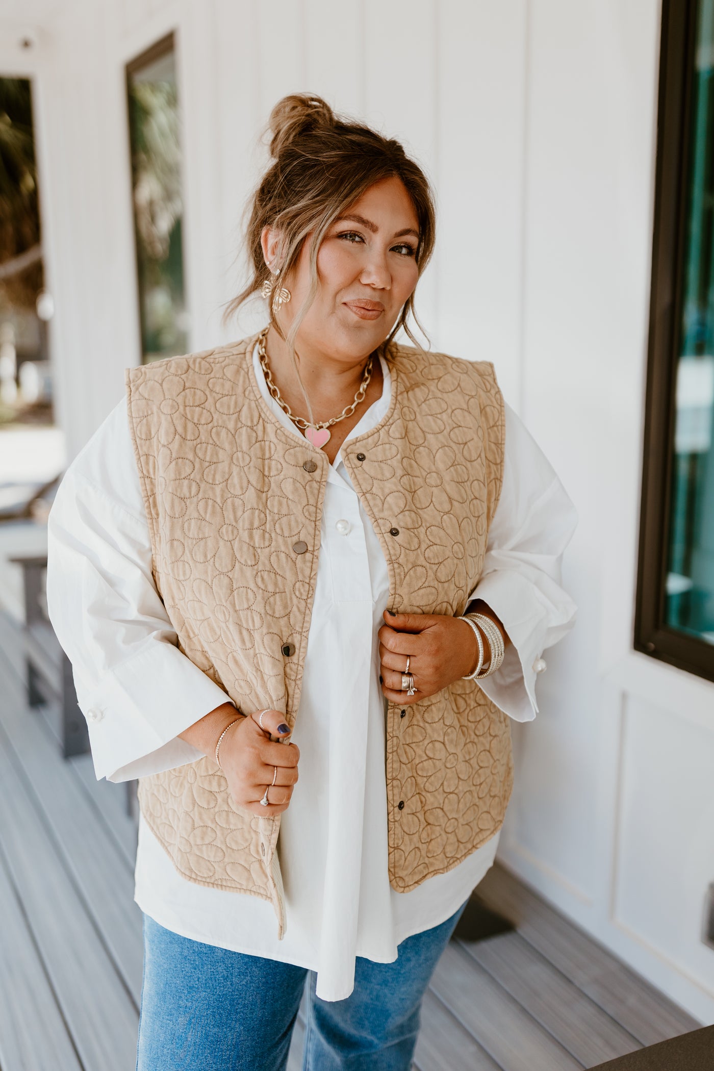 Tan Mineral Wash Floral Quilted Vest