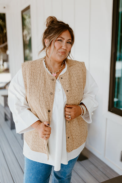 Tan Mineral Wash Floral Quilted Vest