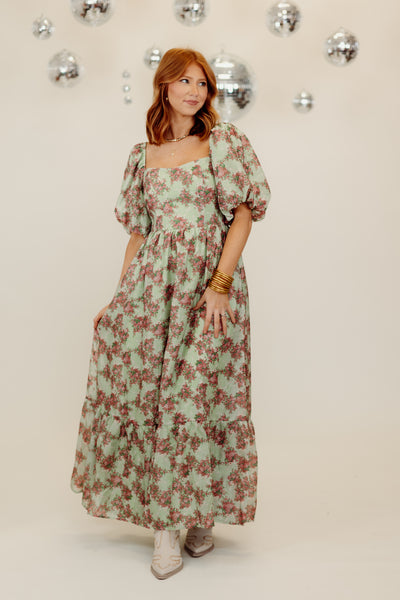 Light Green and Rose Floral Puff Sleeve Maxi Dress