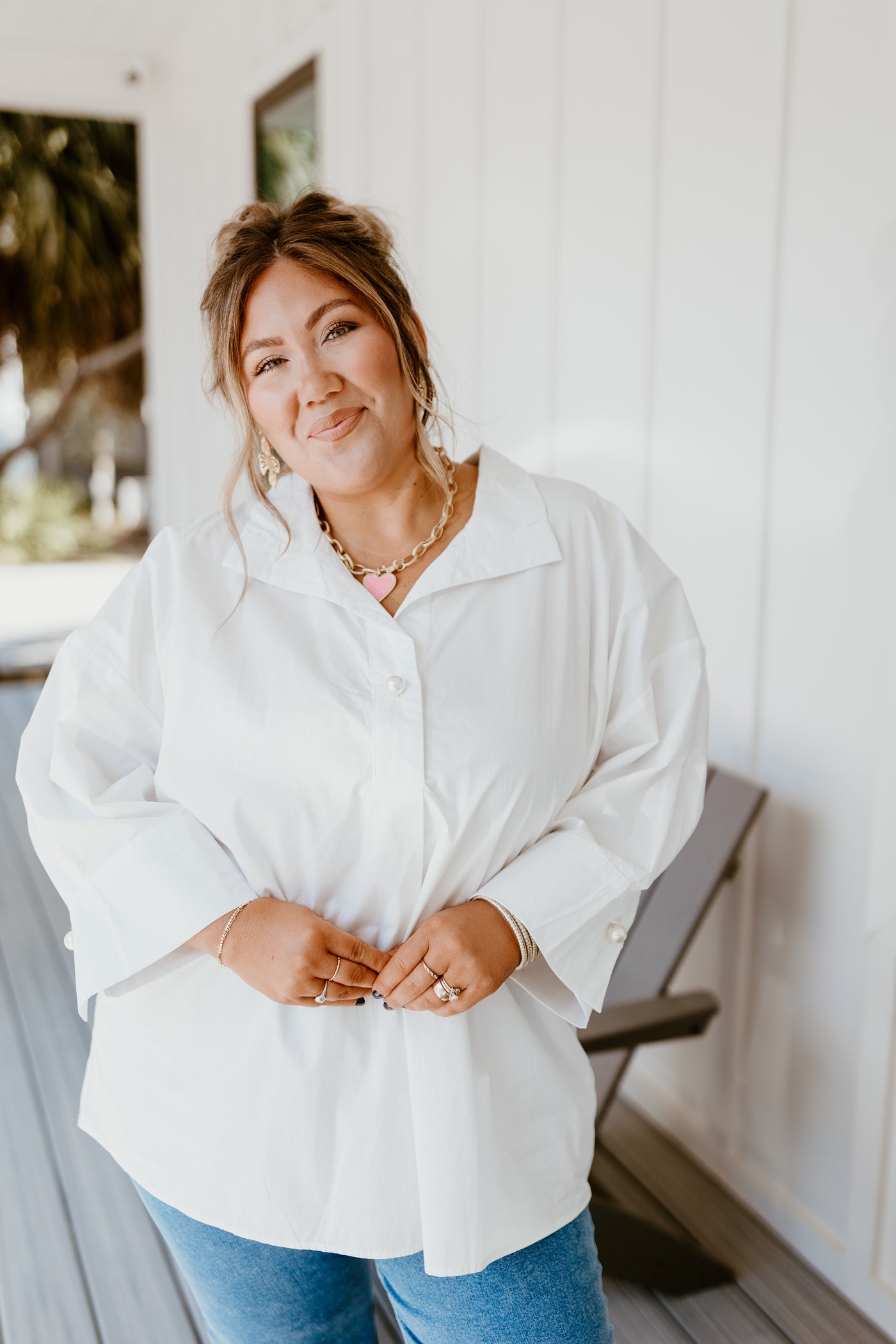 White 3/4 Sleeve Collared Blouse