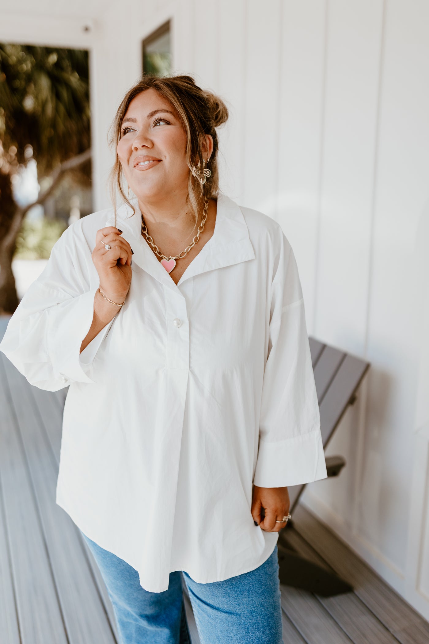 White 3/4 Sleeve Collared Blouse