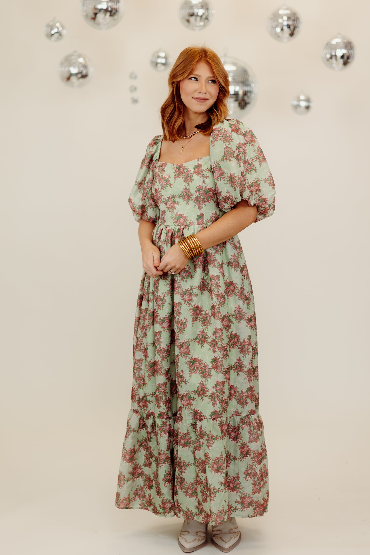 Light Green and Rose Floral Puff Sleeve Maxi Dress