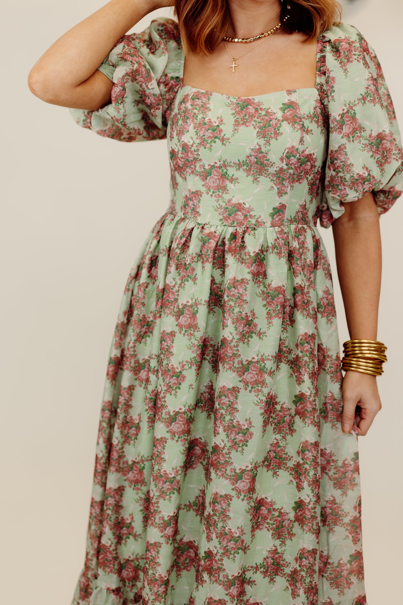 Light Green and Rose Floral Puff Sleeve Maxi Dress