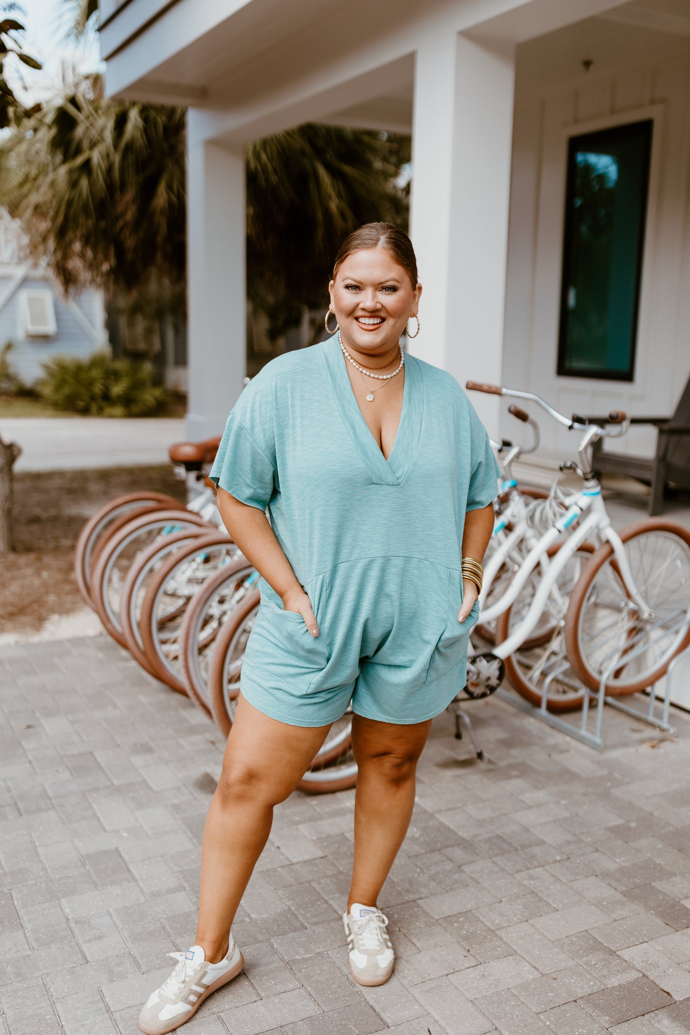 Teal Slub Knit V-Neck Oversized Romper