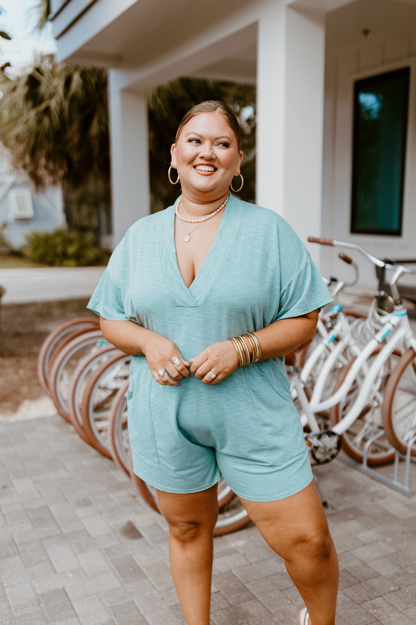 Teal Slub Knit V-Neck Oversized Romper