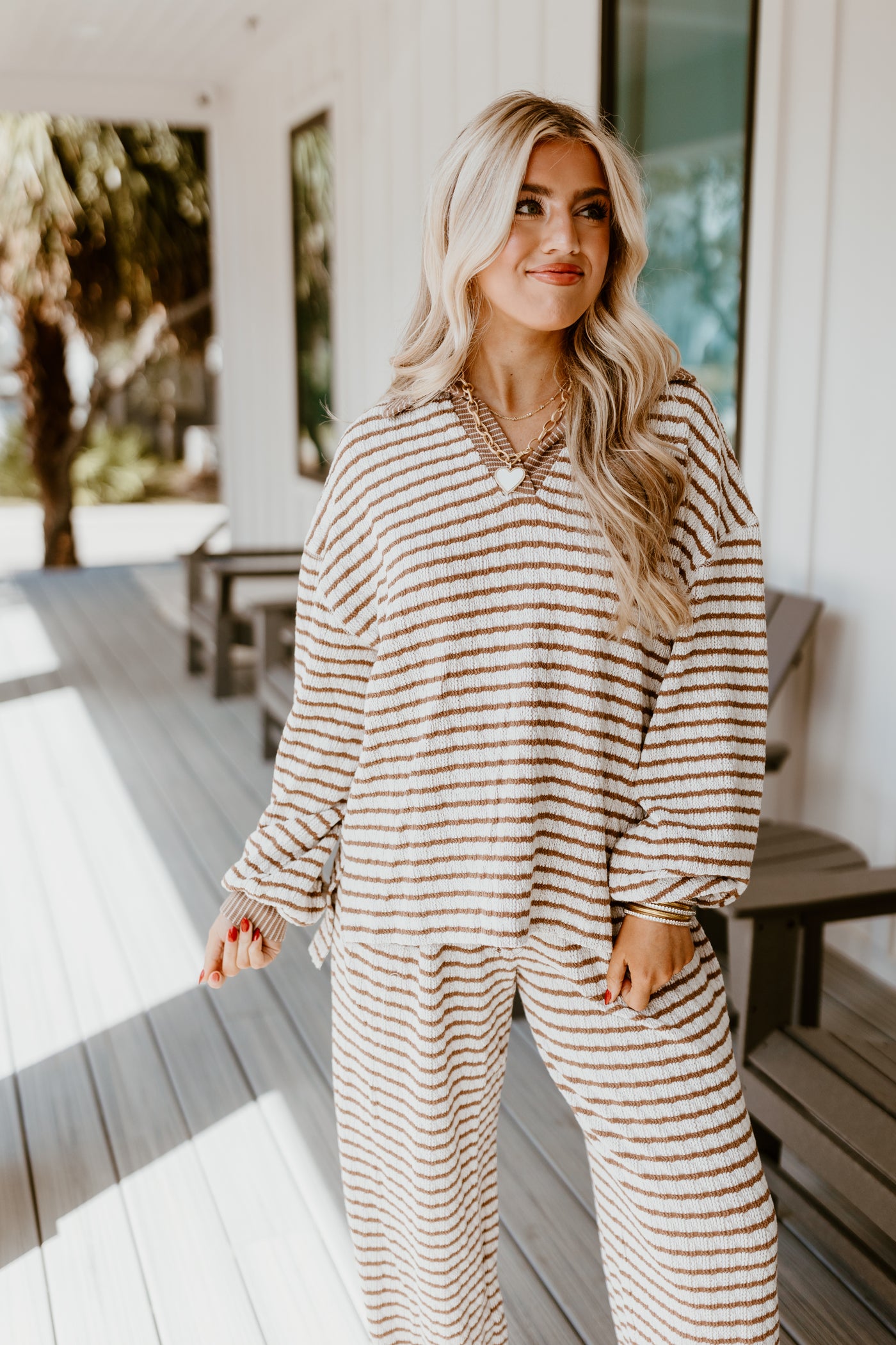 Brown and Cream Striped Knit Pullover and Wide Leg Pant Set