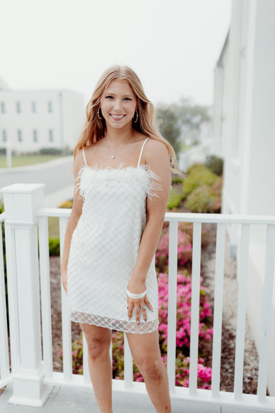White Crystal Beaded Feather Trim Dress
