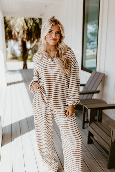 Brown and Cream Striped Knit Pullover and Wide Leg Pant Set