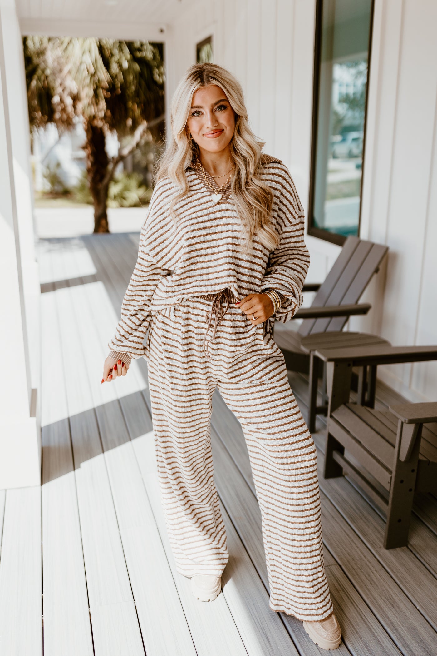 Brown and Cream Striped Knit Pullover and Wide Leg Pant Set