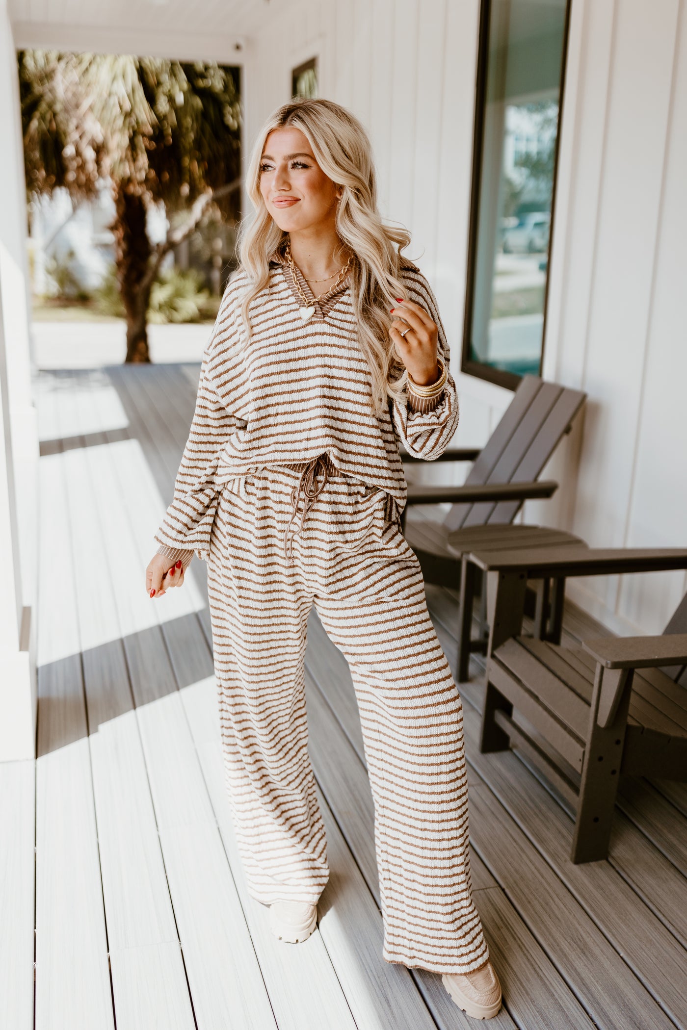 Brown and Cream Striped Knit Pullover and Wide Leg Pant Set