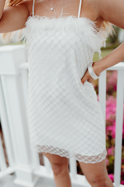 White Crystal Beaded Feather Trim Dress