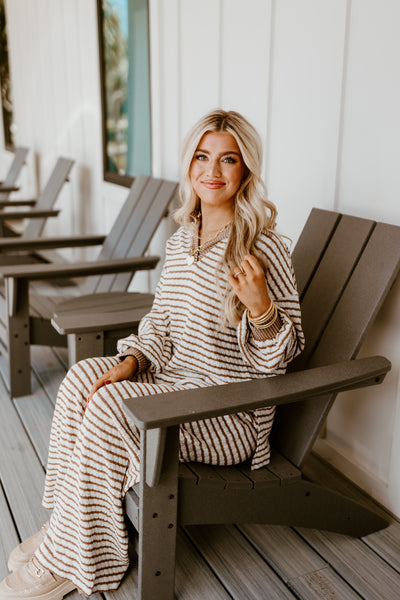 Brown and Cream Striped Knit Pullover and Wide Leg Pant Set