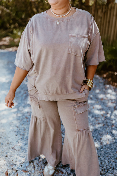 Mocha Oversized Terry Knit Top and Wide Leg Pant Set