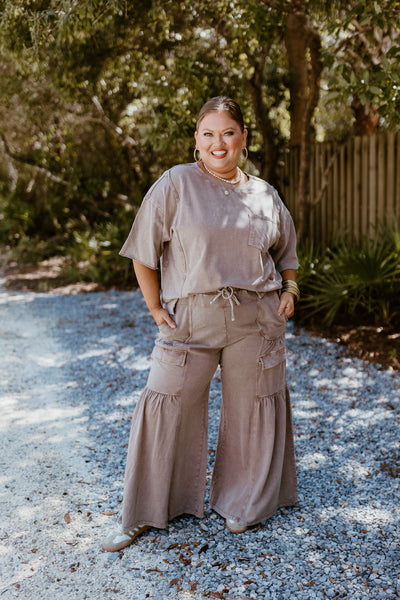 Mocha Oversized Terry Knit Top and Wide Leg Pant Set