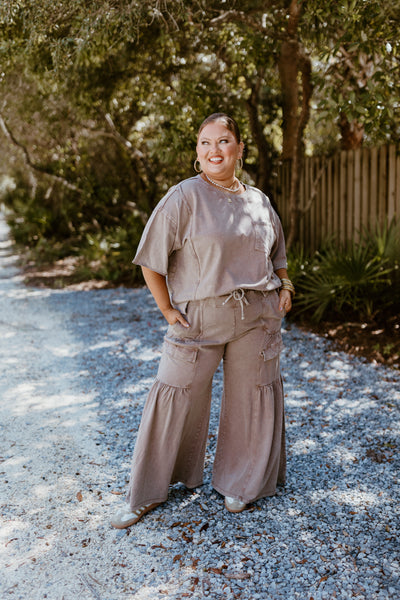 Mocha Oversized Terry Knit Top and Wide Leg Pant Set