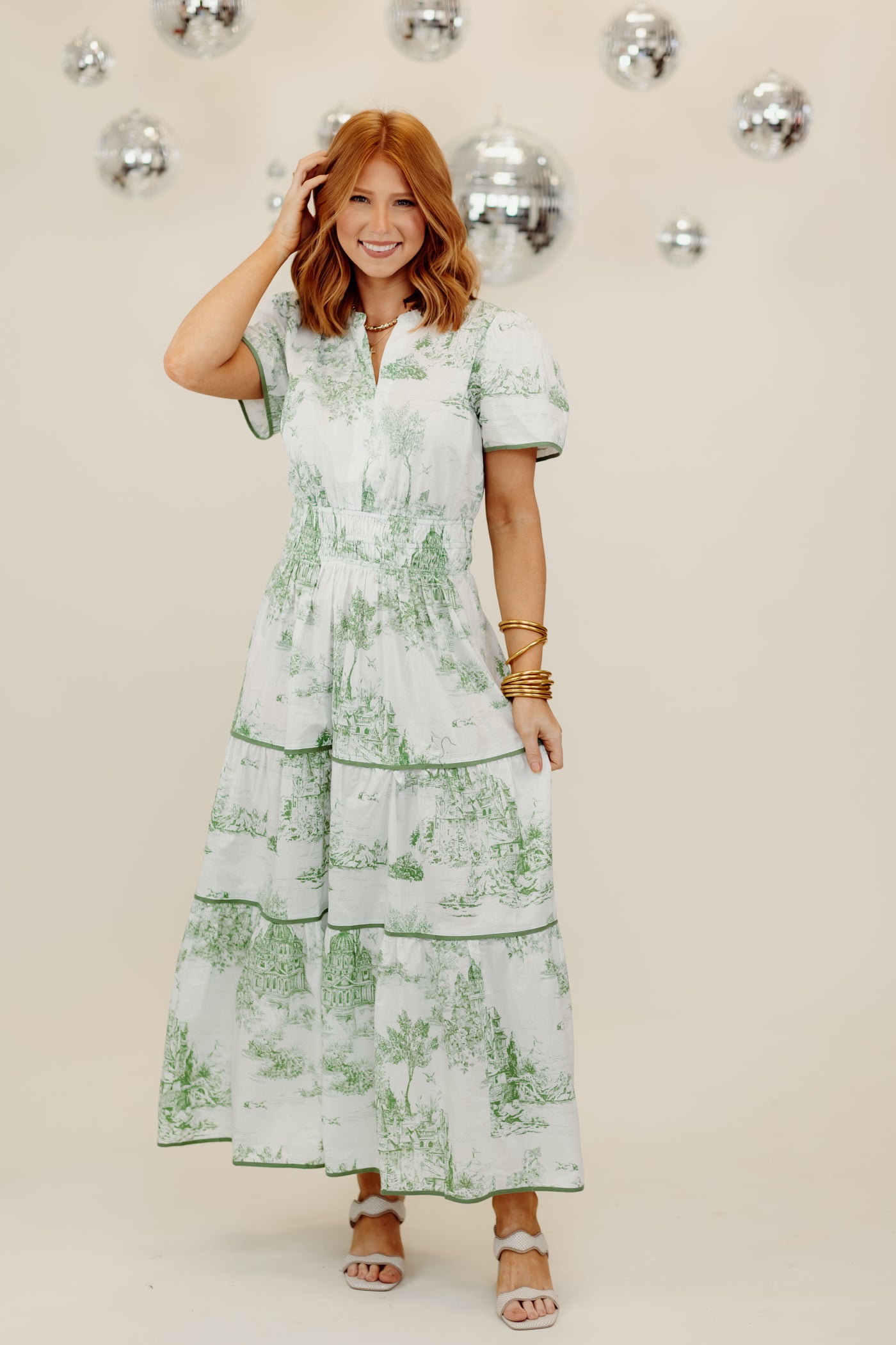 Sea Green Notch Neck Short Sleeve Printed Midi Dress