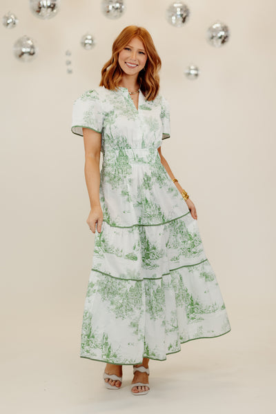 Sea Green Notch Neck Short Sleeve Printed Midi Dress