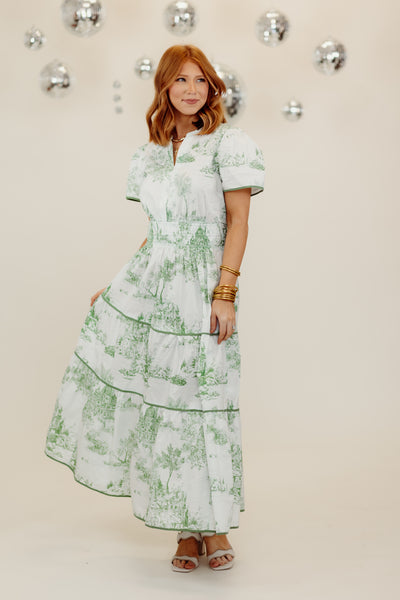 Sea Green Notch Neck Short Sleeve Printed Midi Dress