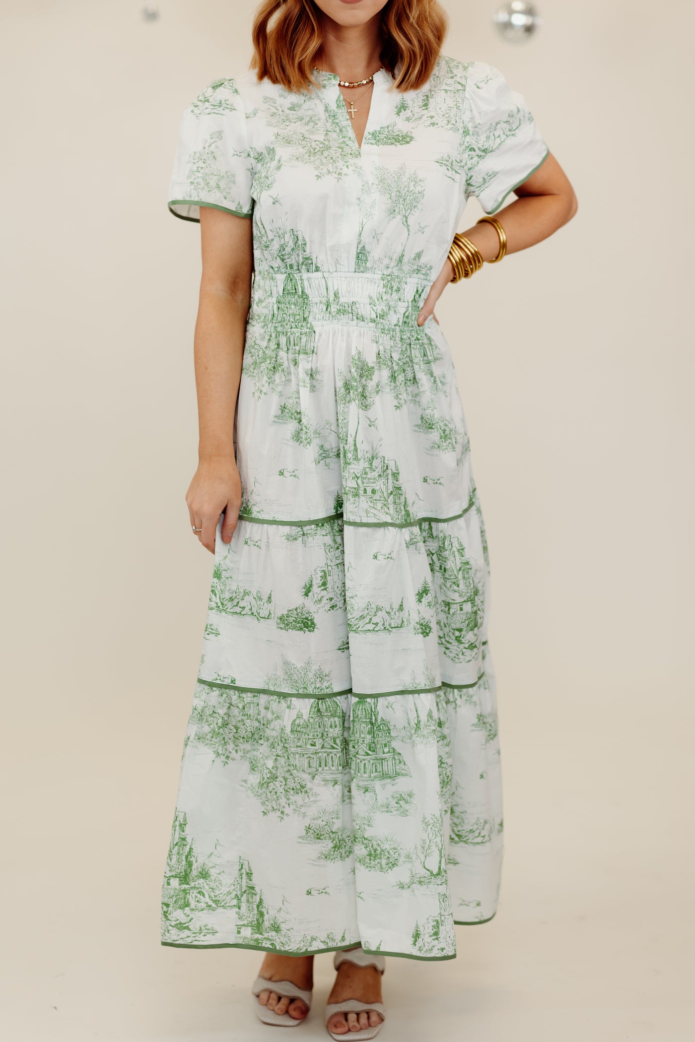 Sea Green Notch Neck Short Sleeve Printed Midi Dress