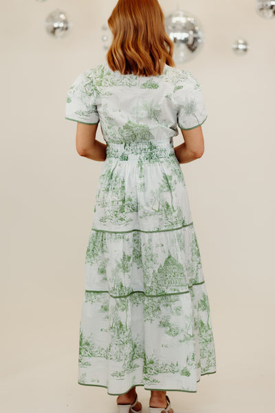 Sea Green Notch Neck Short Sleeve Printed Midi Dress