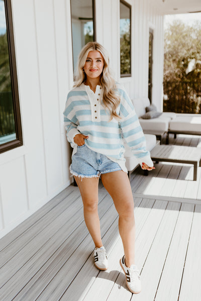 Light Blue and White Striped Oversized Sweater