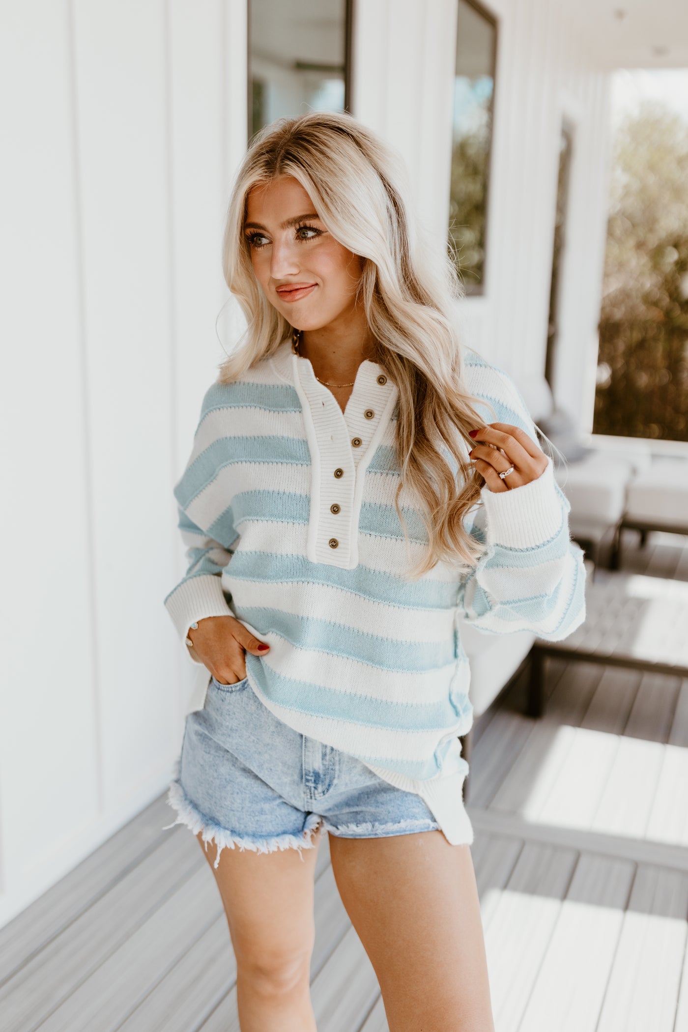 Light Blue and White Striped Oversized Sweater