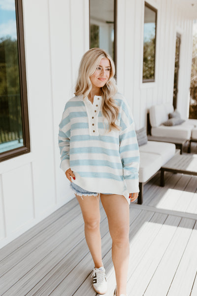 Light Blue and White Striped Oversized Sweater