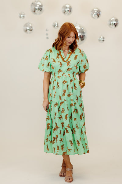 Mint Puff Sleeve Tiger Print Midi Dress