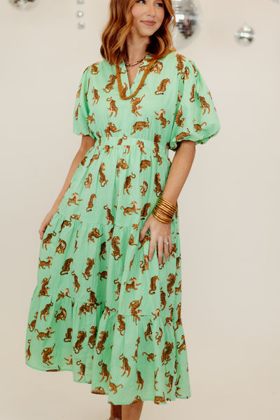 Mint Puff Sleeve Tiger Print Midi Dress