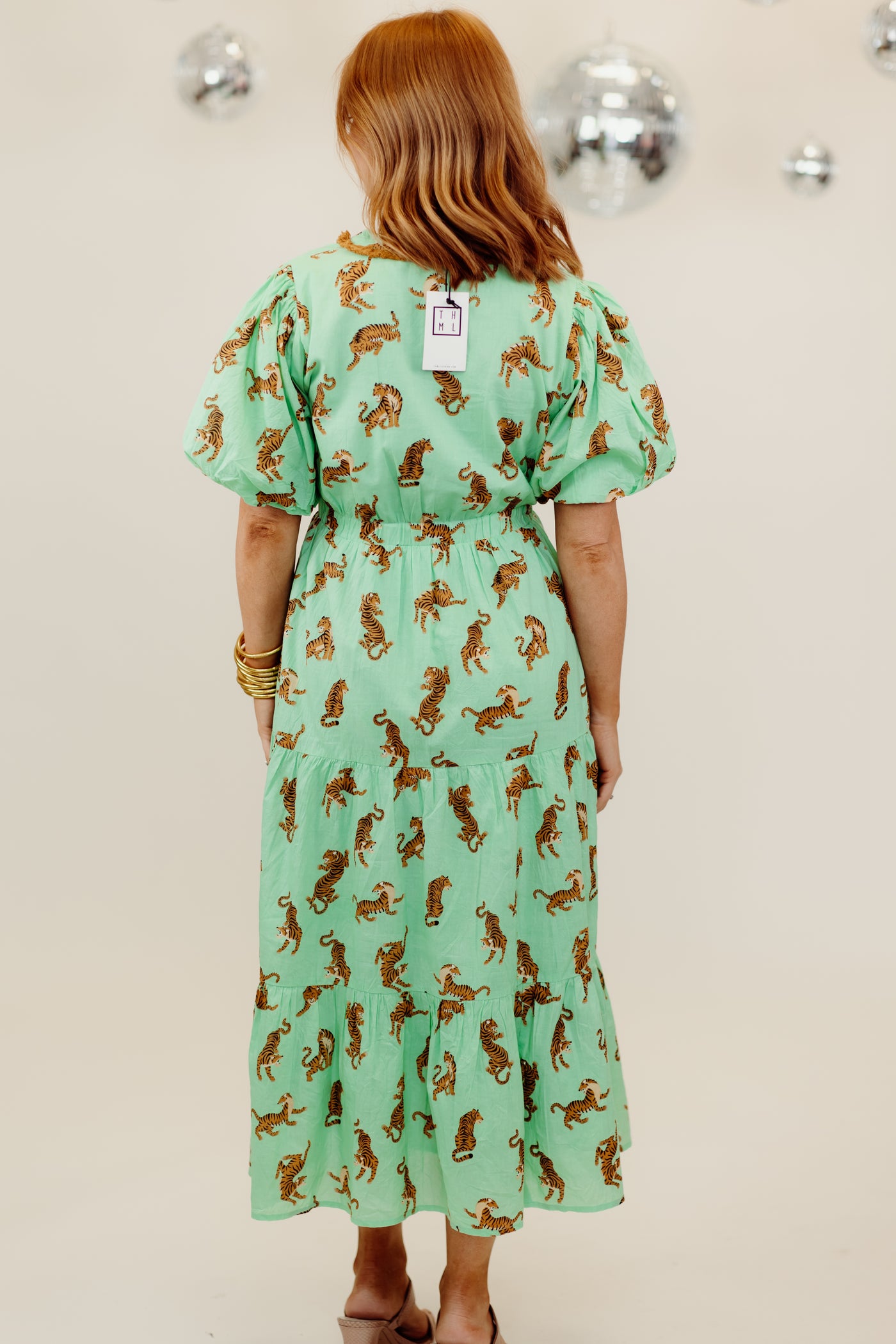 Mint Puff Sleeve Tiger Print Midi Dress