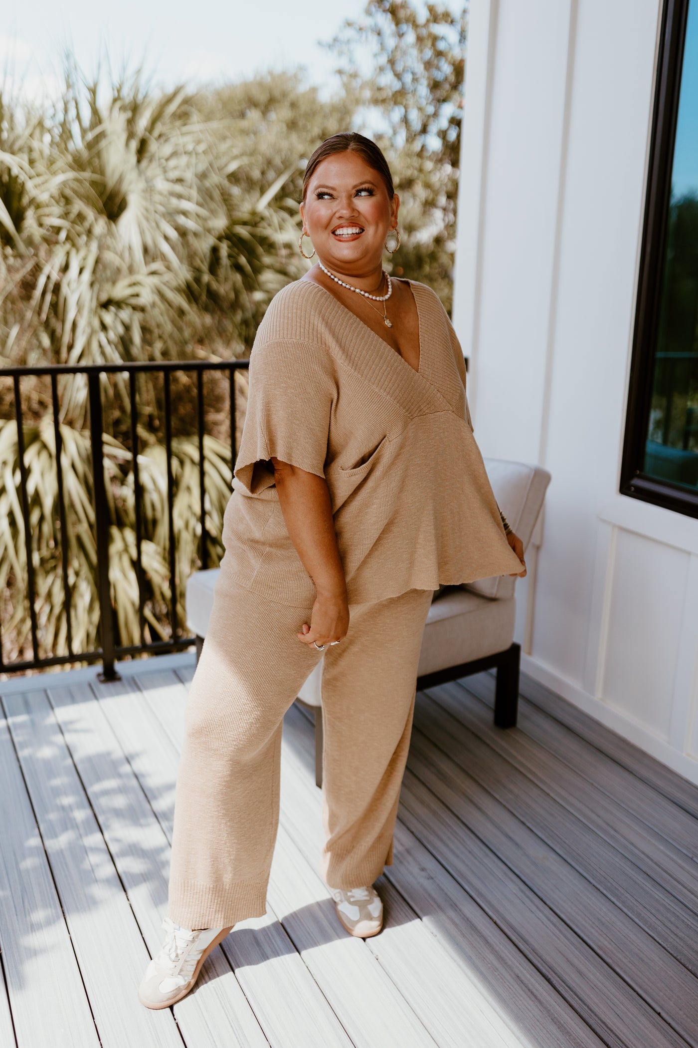 Sepia Yellow Knit V-Neck and Pant Set